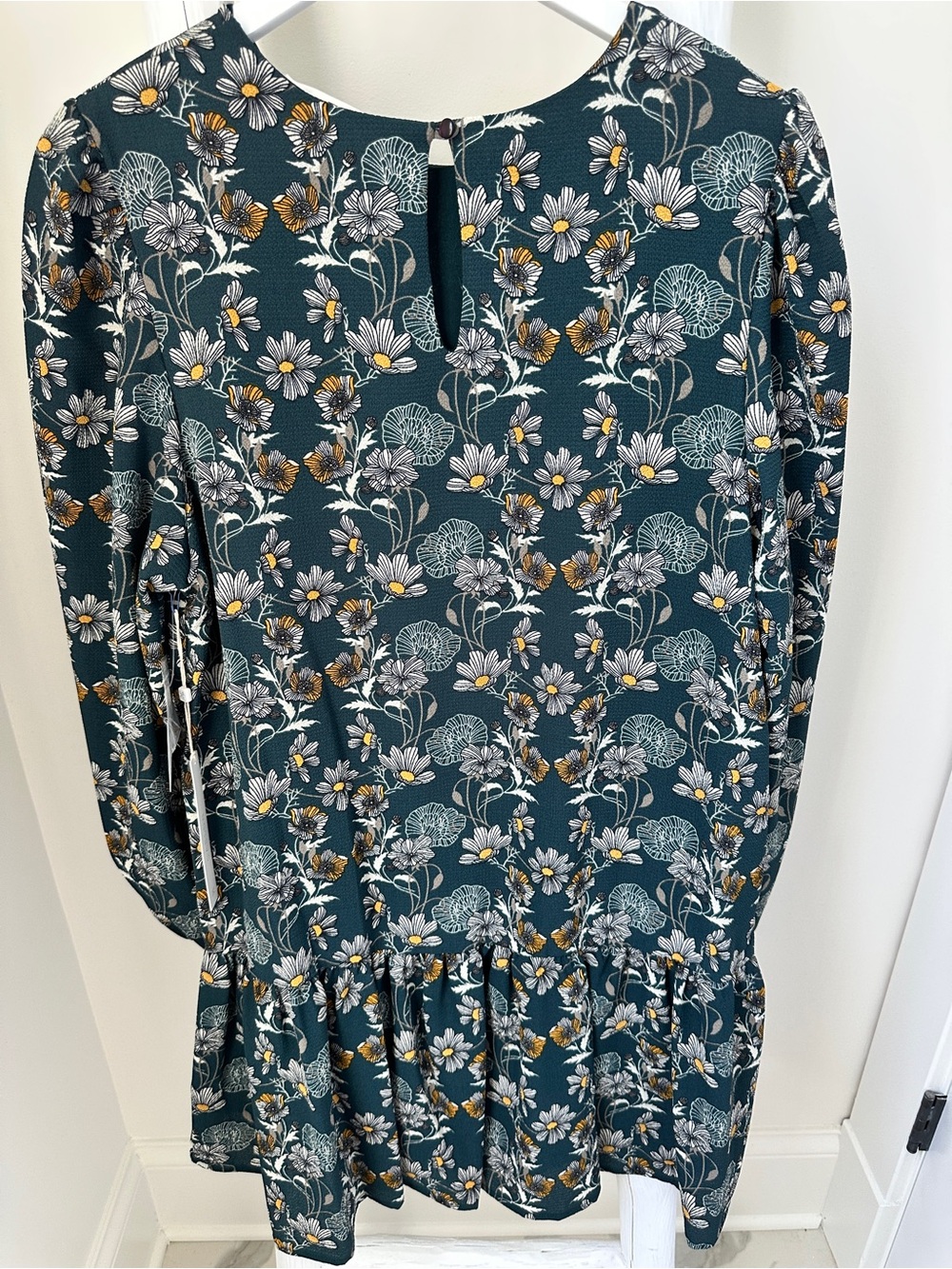 Caslon Teal Floral Print Long-Sleeve Ruffle-Hem Drop Waist Dress Size Large - Picture 4 of 13
